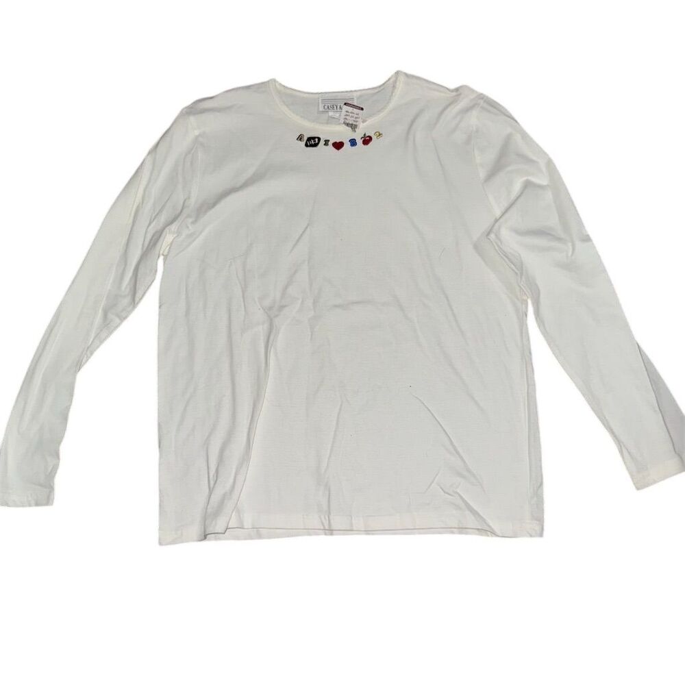 Casey & Max Women's White Embroidered Teacher Long‎ Sleeve T-Shirt Size L